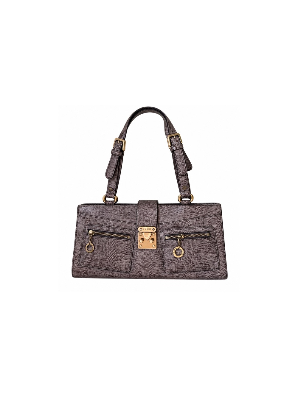 GUESS Dark Brown Textured Leather Shoulder Bag with Gold Hardware